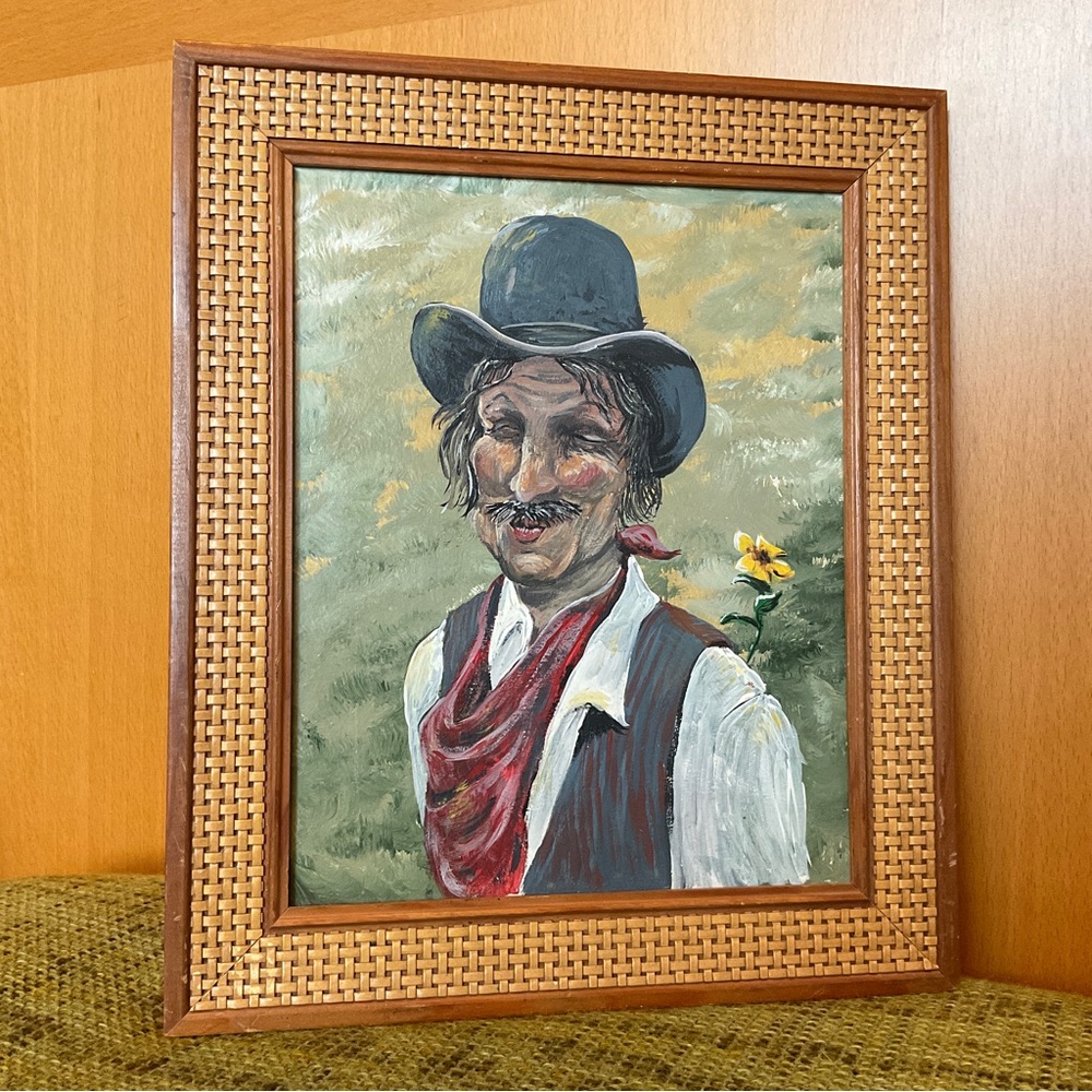 vintage 10x12 western kissing cowboy original painting in wooden frame